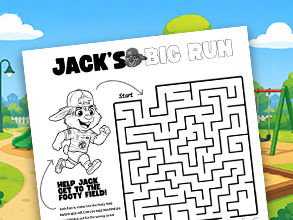 Illustrated maze with Jack at the start, footy field at the end