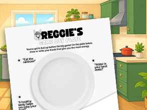 Reggie with a plate ready to fill with healthy game day food