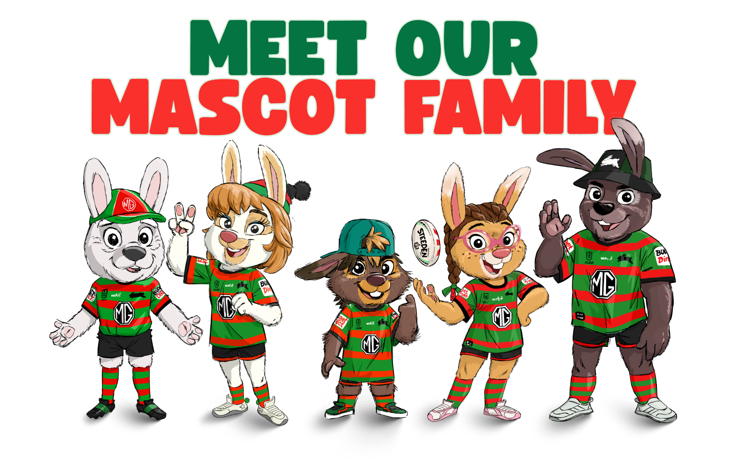 Meet the Rabbit Family — Reggie, Scarlett, Jack, Ruby and Oliver standing together